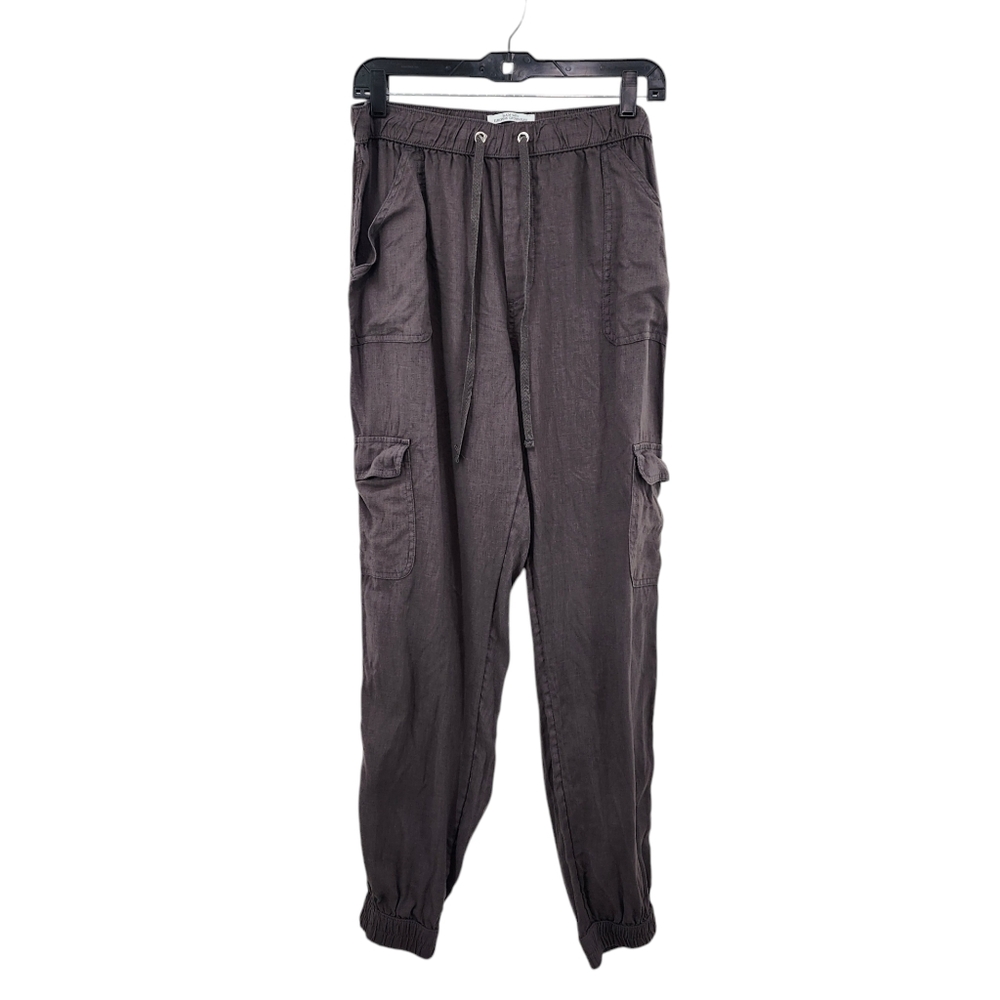 Nicole Miller Women's 100% Linen Drawstring Cargo Jogger Brown Pants